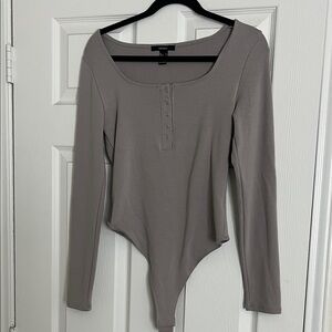 Forever 21 Taupe Gray Long-Sleeve Henley Bodysuit